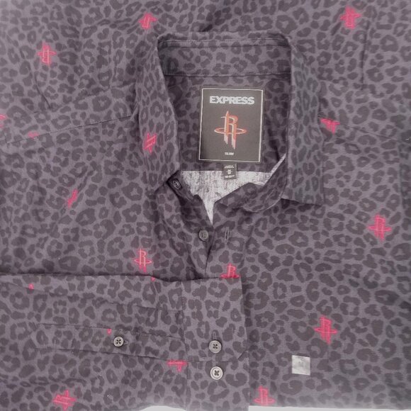 Express Mens Black Houston Rockets Slim Dress Shirt Size M 15" 15.5" Leopard - Picture 10 of 16